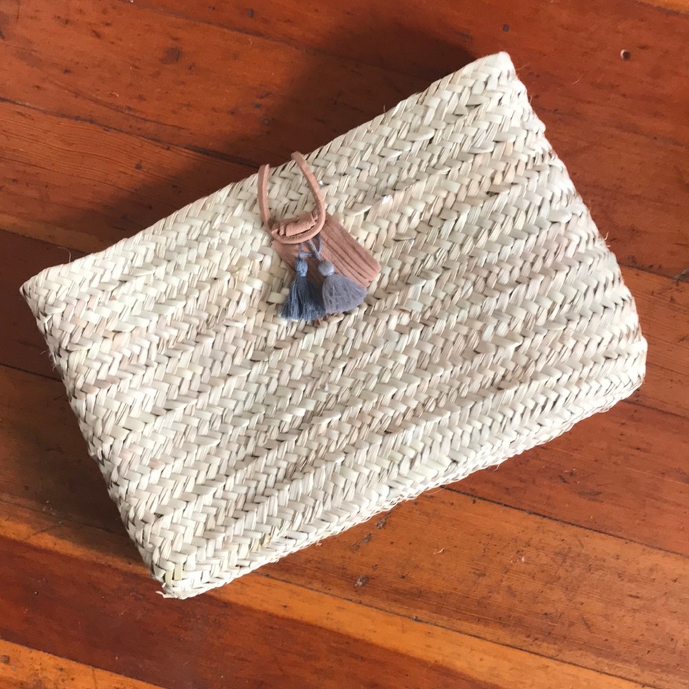 Anthropologie Straw & Leather Tassel Clutch